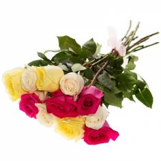 Букет из одиннадцати разноцветных роз с лентой