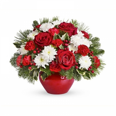 Композиция из красных роз и гвоздик, белых хризантем и еловых веточек ‘Рождество в цветах’
